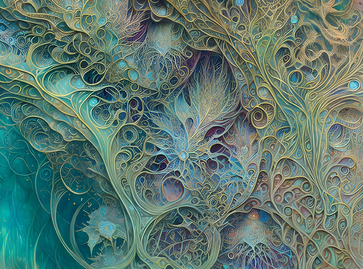 Intricate teal, gold, and bronze fractal patterns