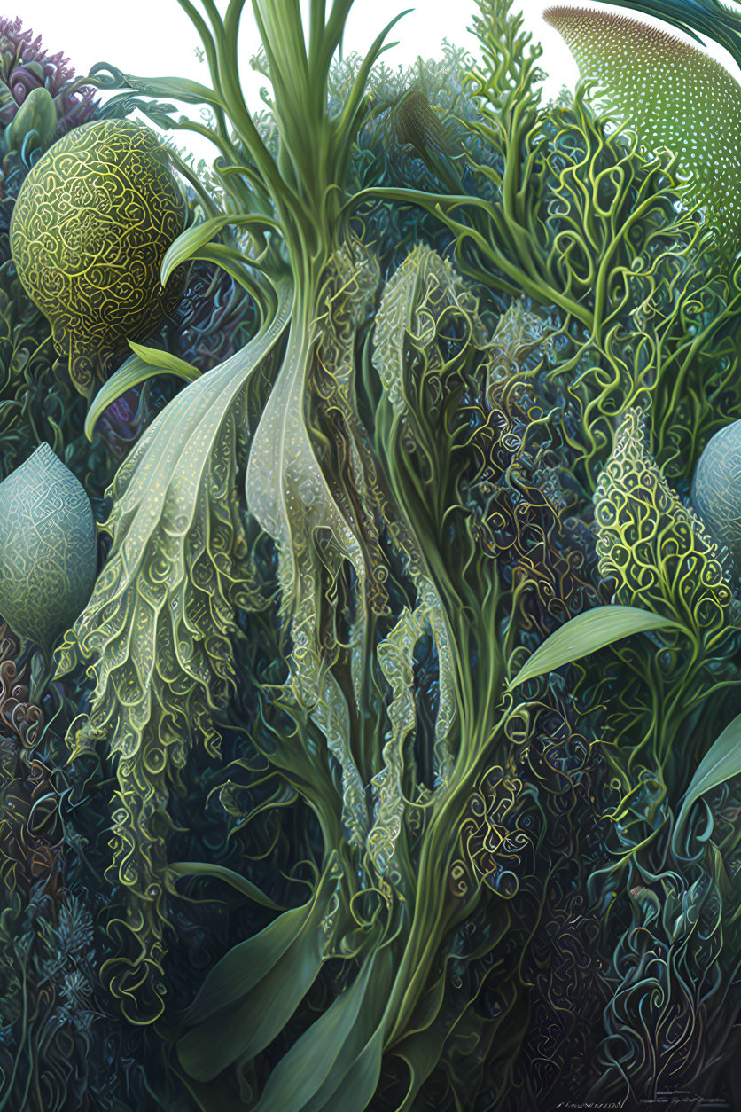 Colorful digital artwork of lush, otherworldly garden with intricate plant-like patterns and textured spheres.