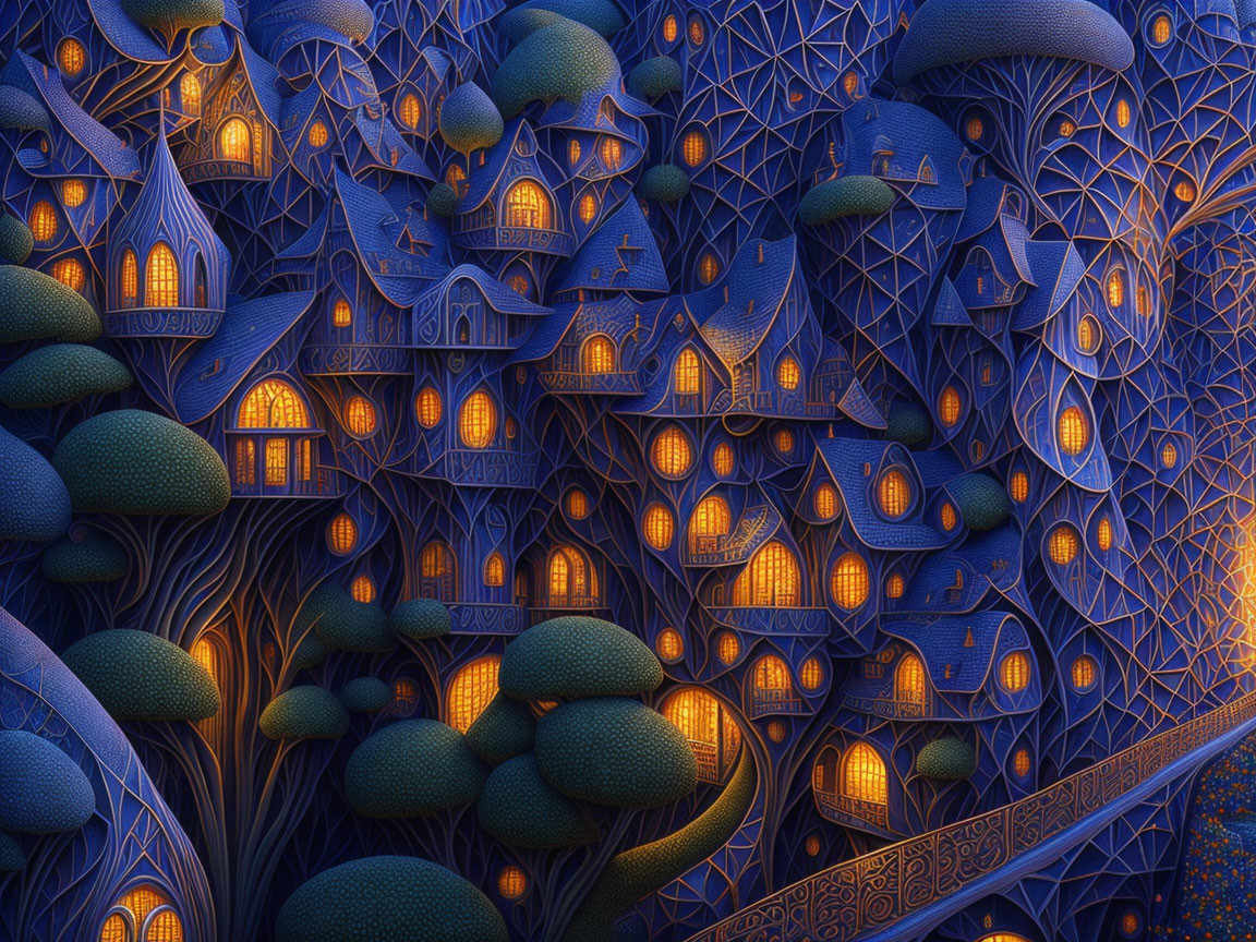 Detailed digital artwork: surreal landscape with whimsical houses, patterned trees, starry sky