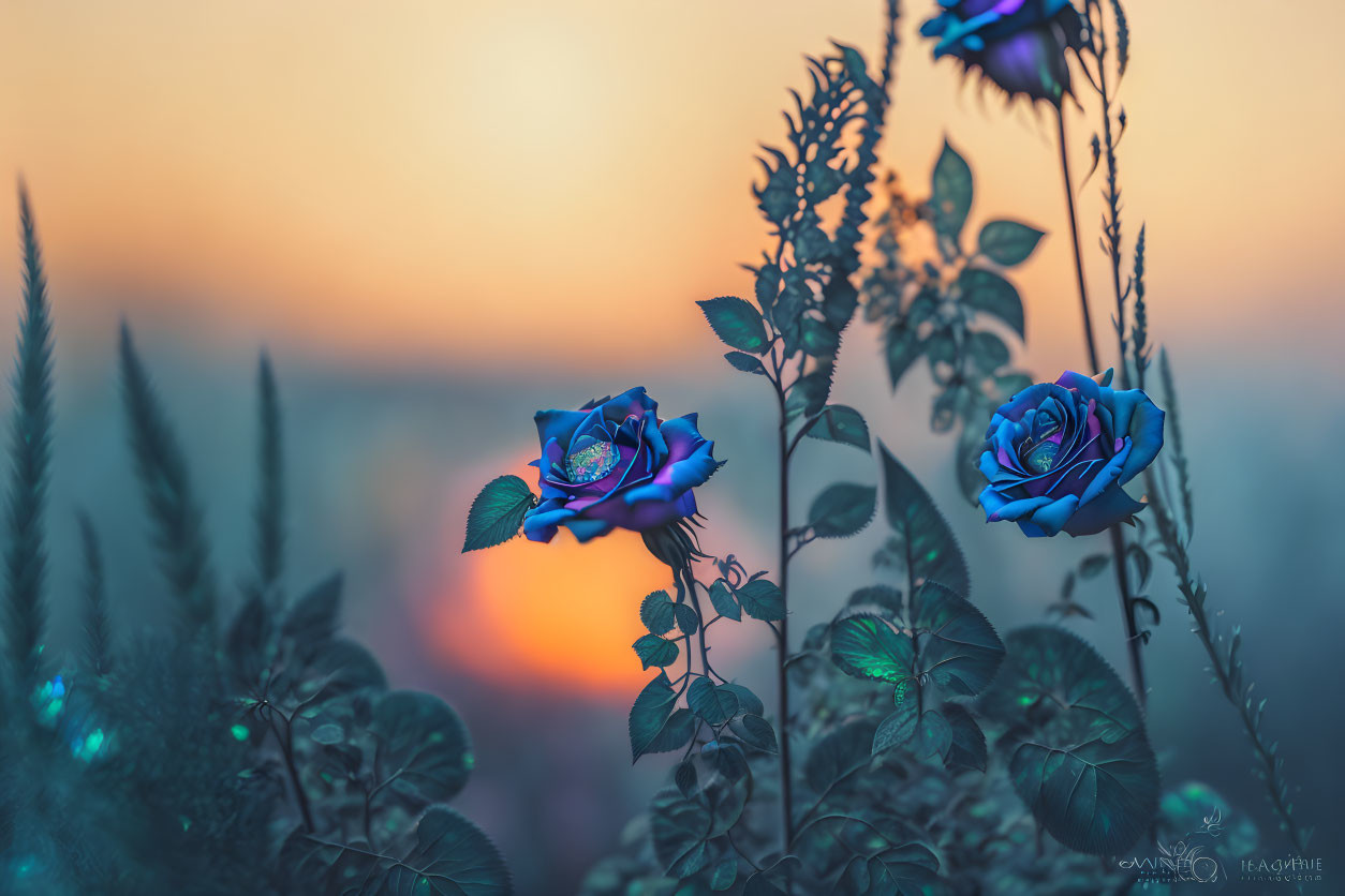 Two Blue Roses Among Green Foliage in Soft-focus Sunset Scene