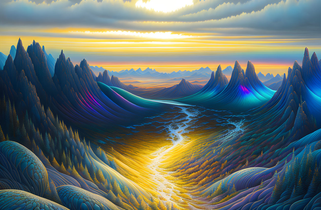 Colorful digital artwork of surreal landscape with light river and sunset sky