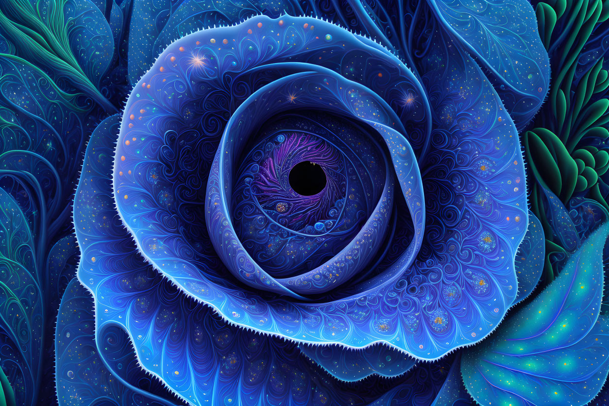 Intricate Blue Rose Spiral Artwork on Dark Blue Background