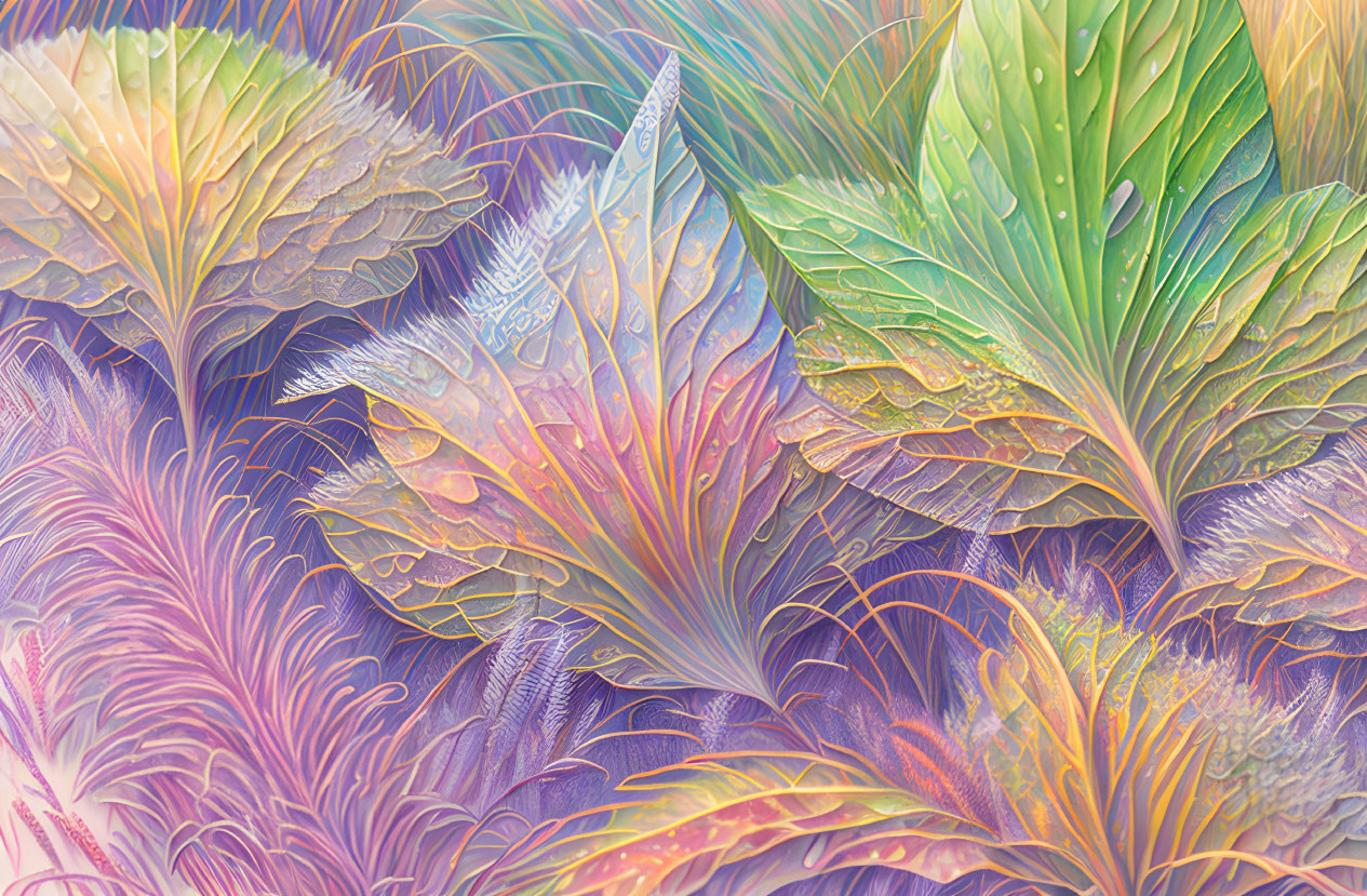 Vibrant digital artwork: Textured leaf patterns in purples, blues, greens, and