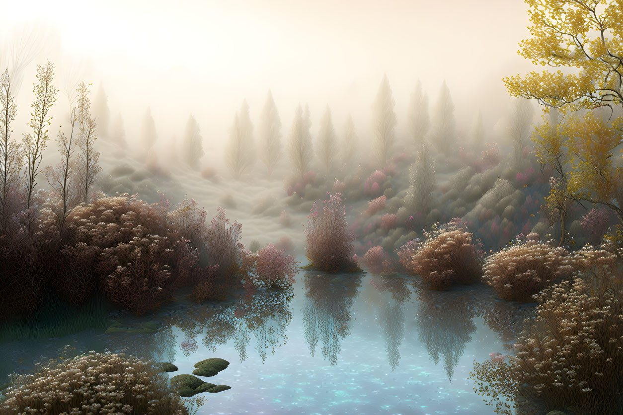 Tranquil misty forest scene with serene blue pond and colorful autumn foliage