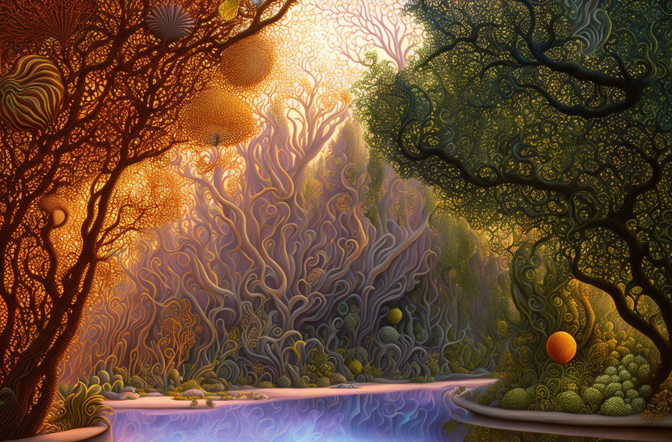 Fantasy landscape with vibrant trees and mystical river