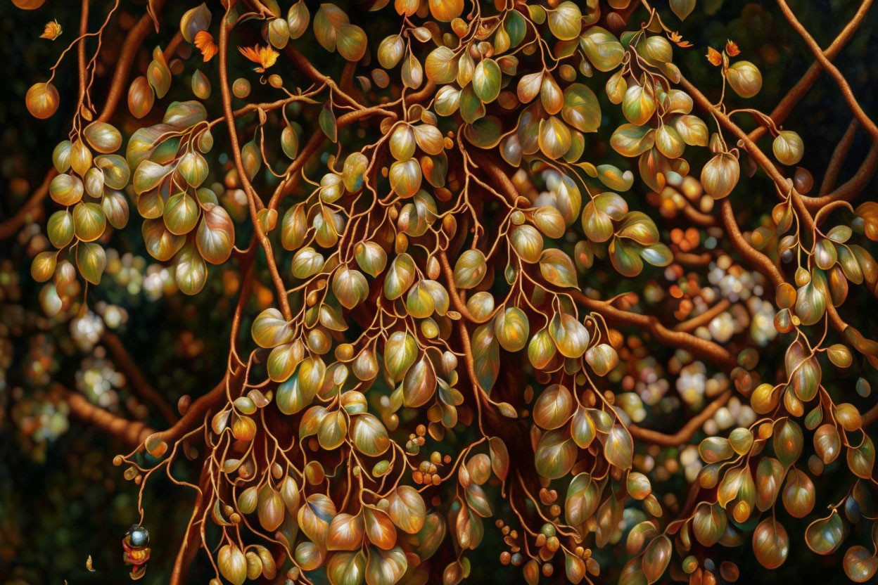 Green and brown nut-like fruits on branches with blurred background