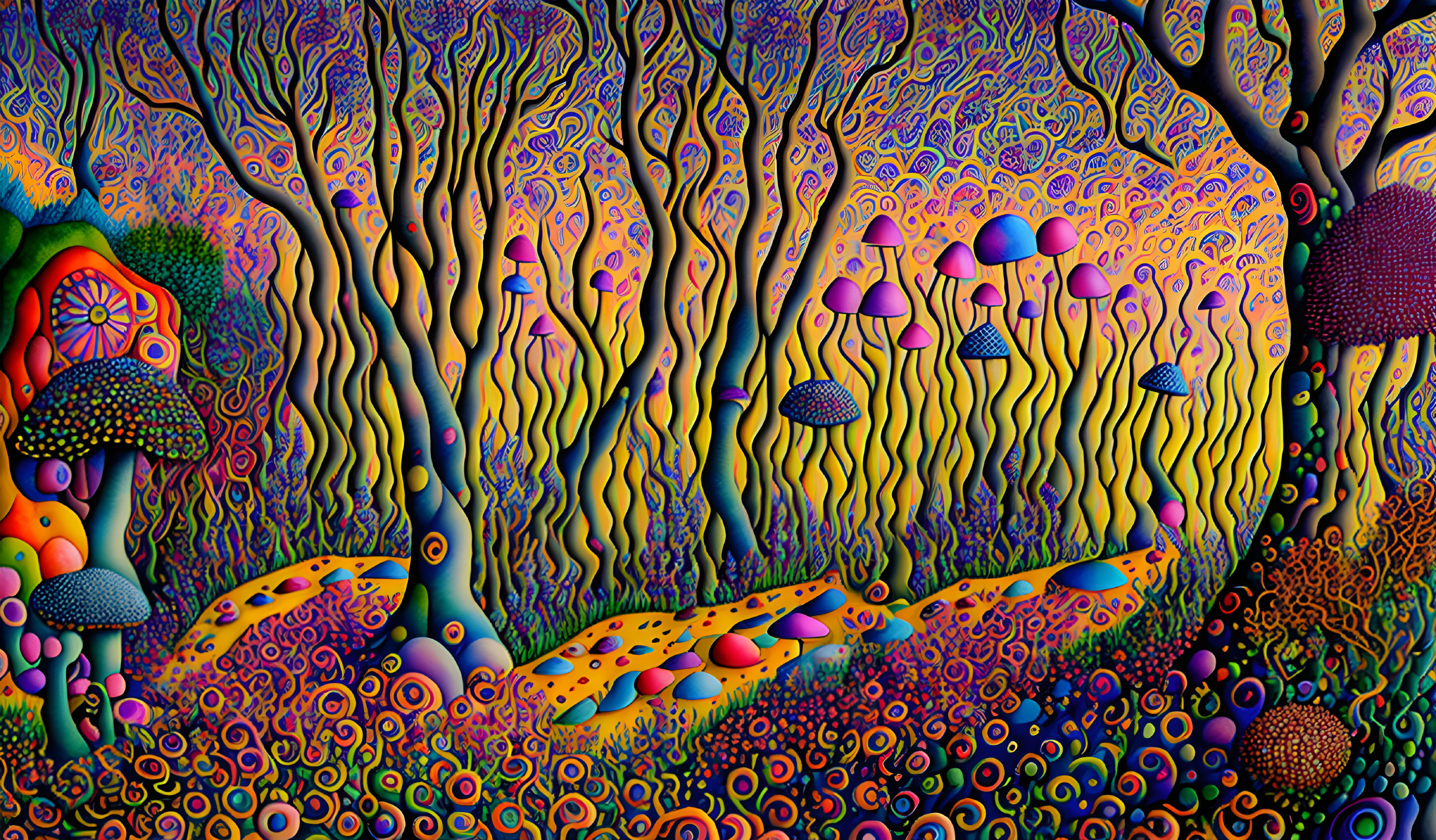 Colorful Psychedelic Forest with Patterned Trees and Stylized Mushrooms