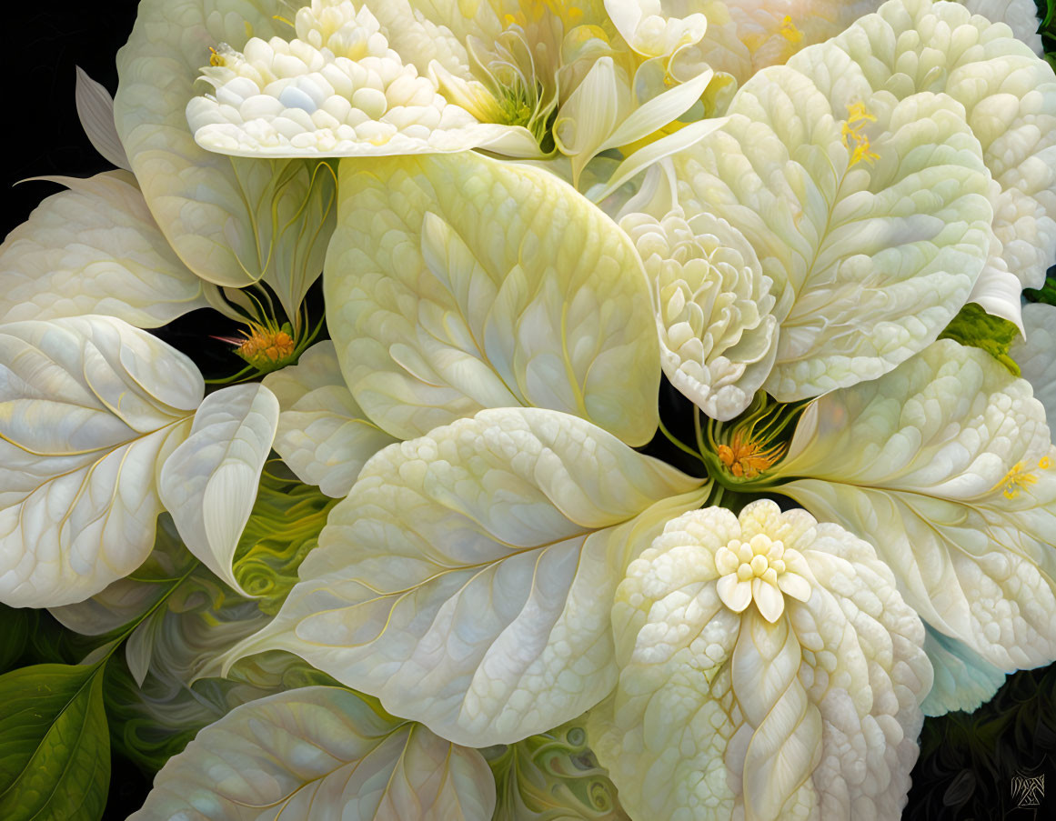 Detailed Illustration of Lush White Flowers on Dark Background