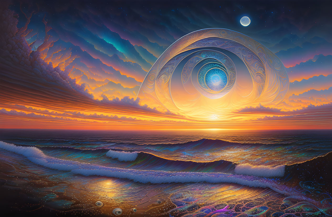 Vivid surreal sunset over ocean with cosmic eye-like structure in sky