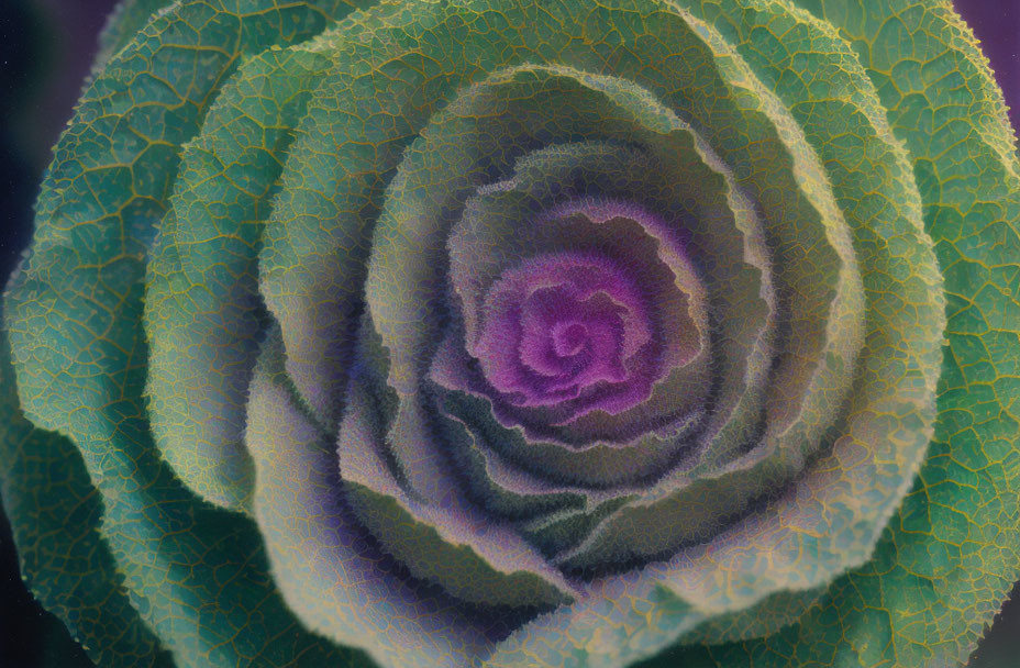 Close-up of green and purple ornamental cabbage with intricate leaf patterns