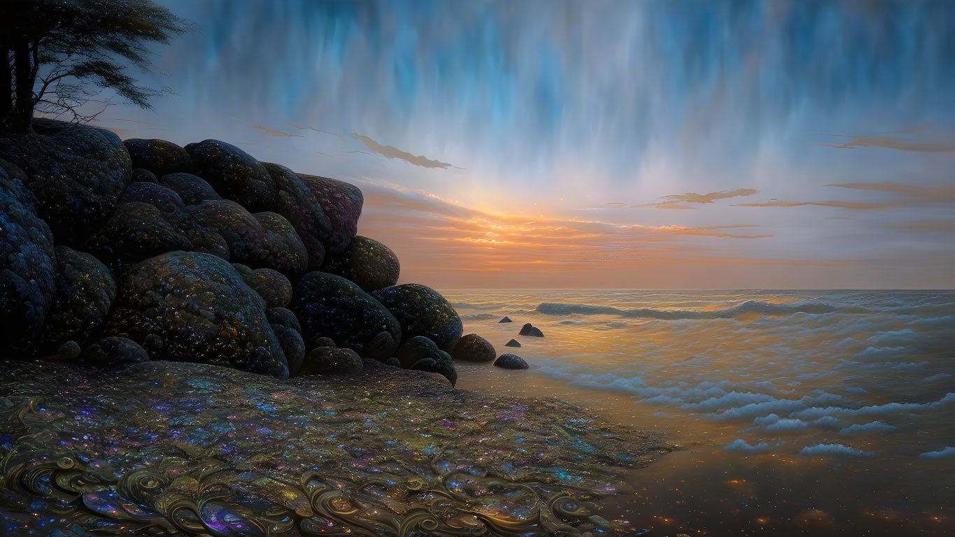 Vibrant sunset beach scene with colorful pebbles and patterned swirls