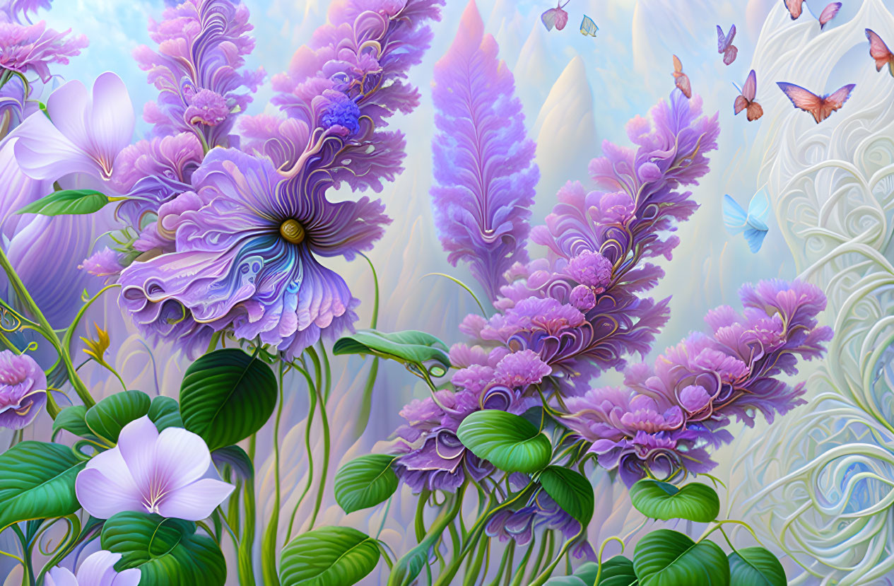 Vibrant purple flowers and butterflies in fantasy mountain scene