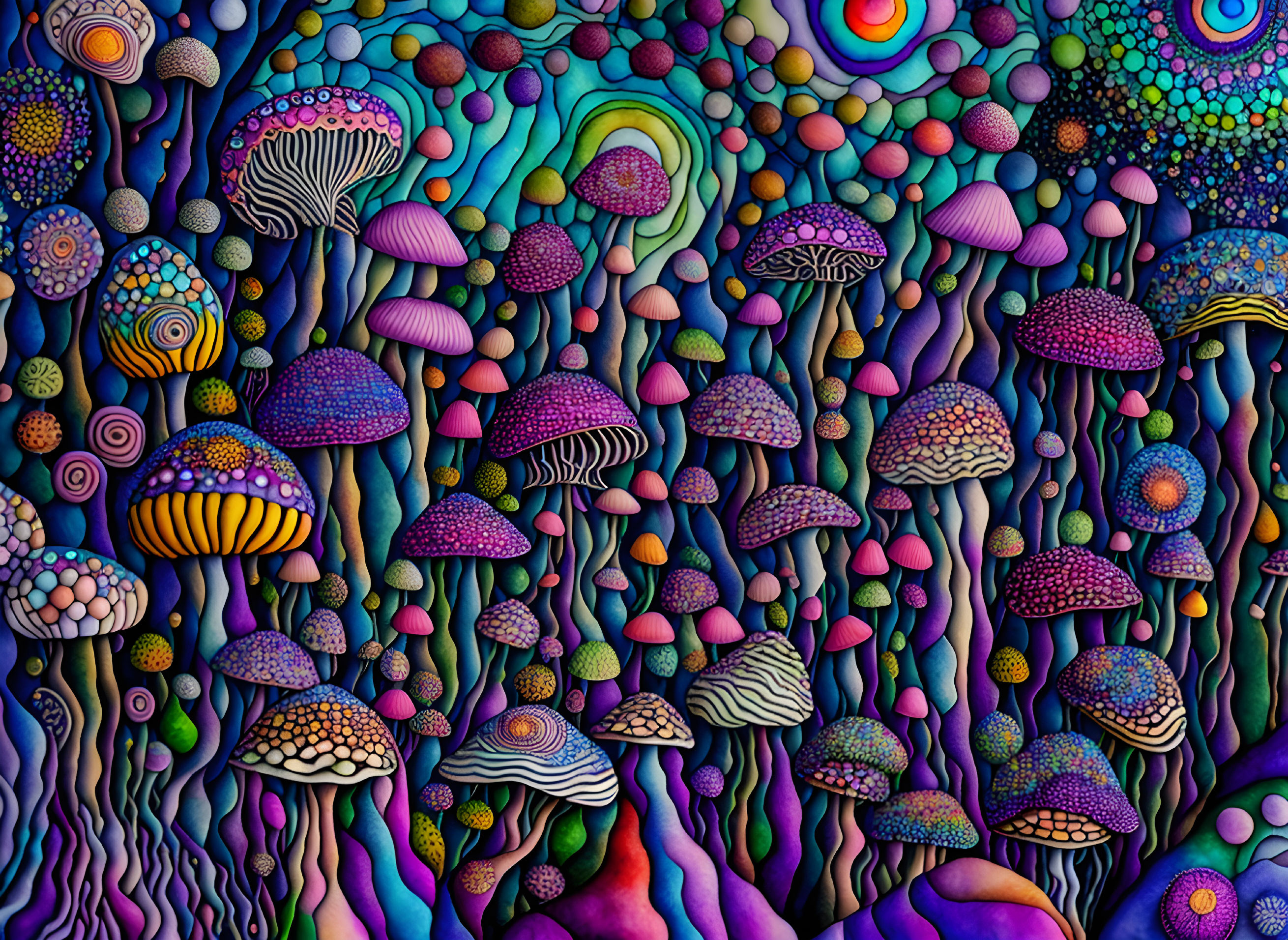 Vibrant psychedelic mushroom illustration with abstract shapes