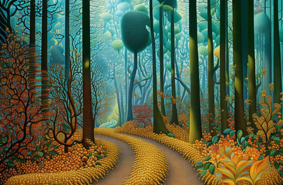 Colorful surreal forest with winding path and exaggerated flora