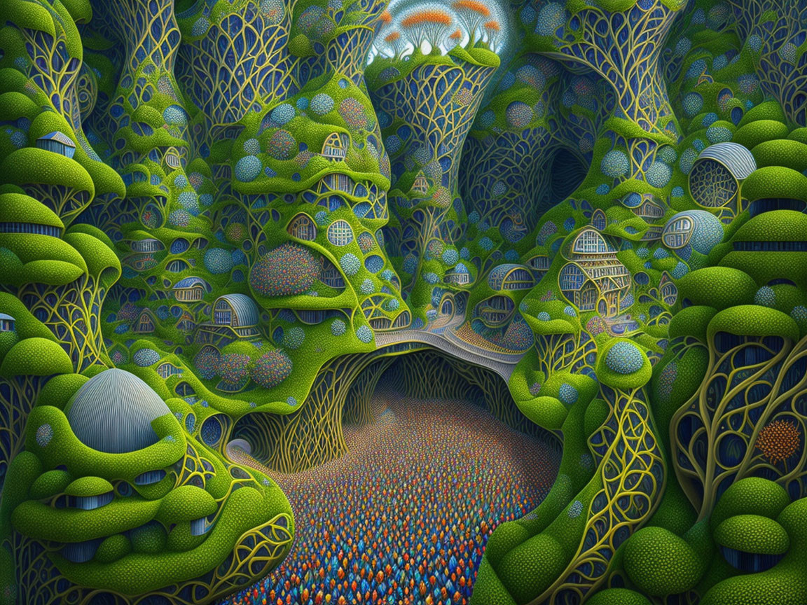 Vibrant surreal landscape with otherworldly flora and spherical habitats