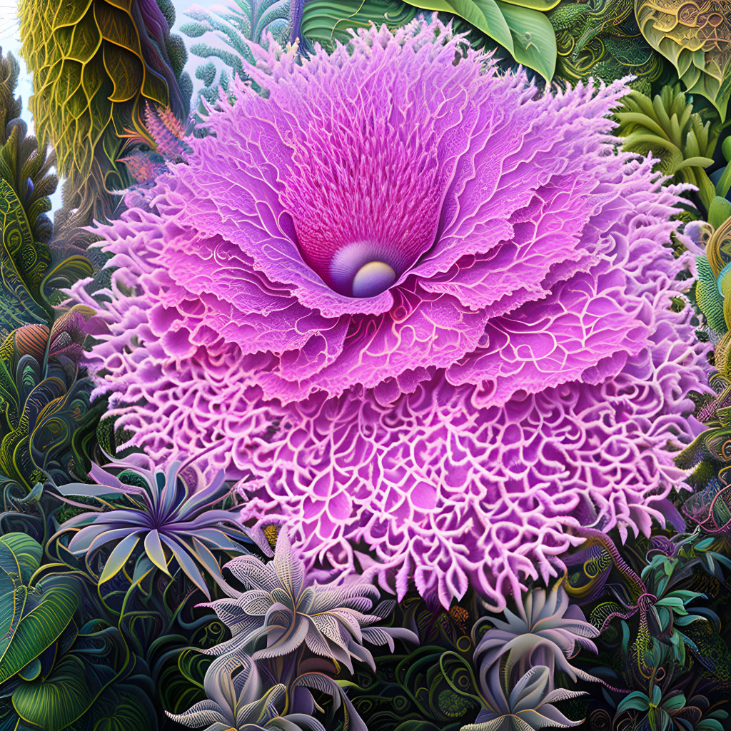 Detailed digital artwork: Fantastical pink coral structure surrounded by exotic flora