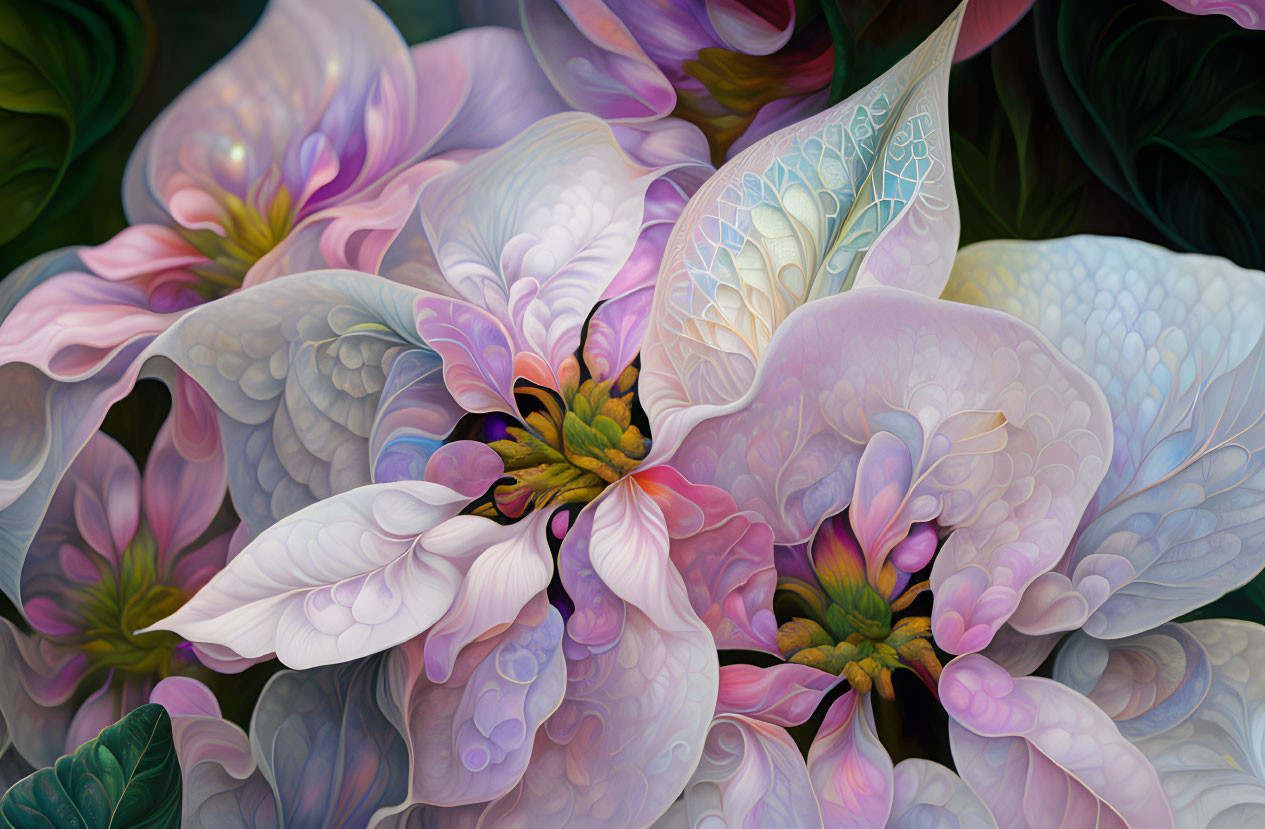 Colorful Stylized Flower Artwork with Intricate Patterns and Iridescent Pastel Colors