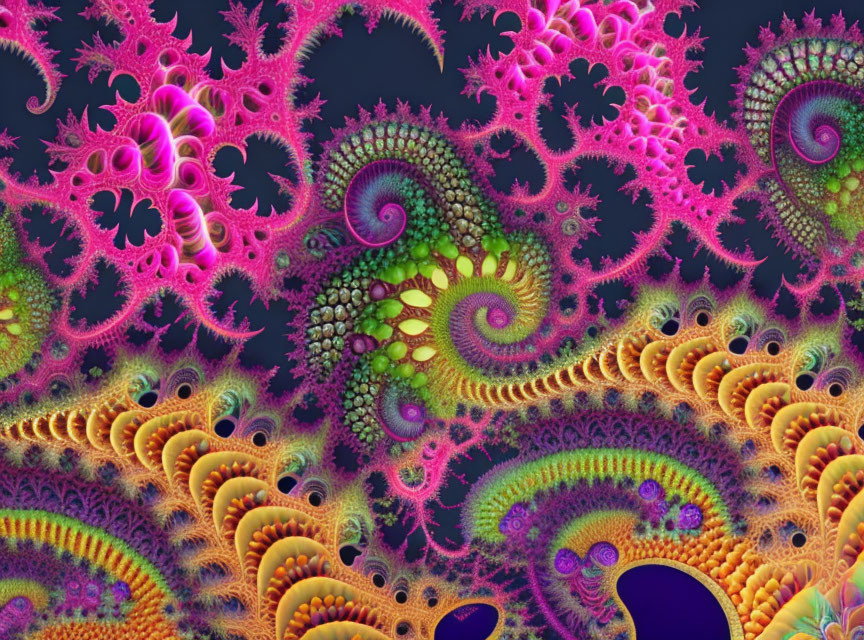 Colorful fractal image with intricate spiral and fern-like patterns