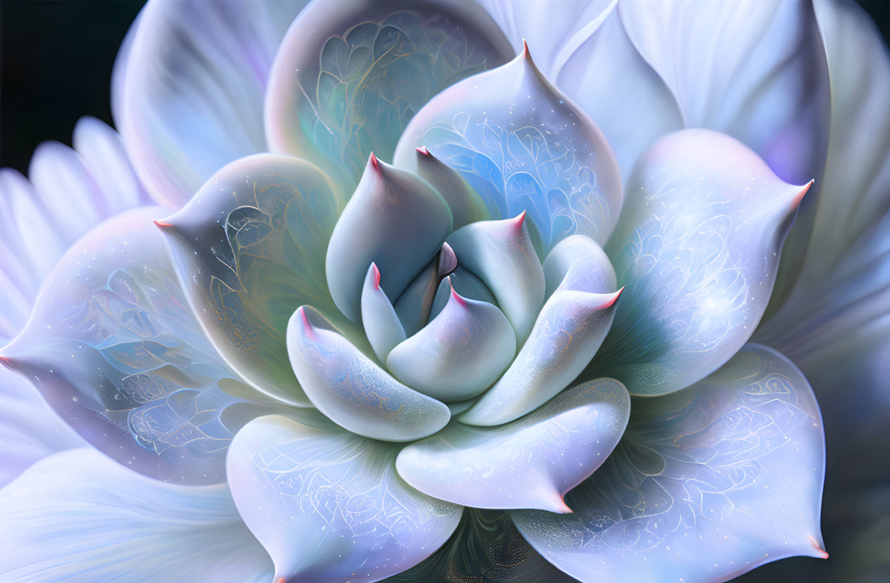 Detailed surreal flower digital artwork on dark blue background