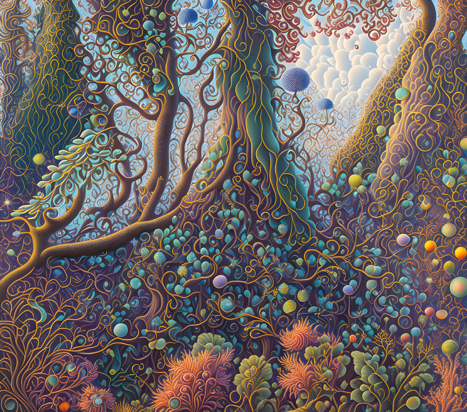 Colorful surreal landscape with swirling trees and fantastical flora in blues, purples, and gold