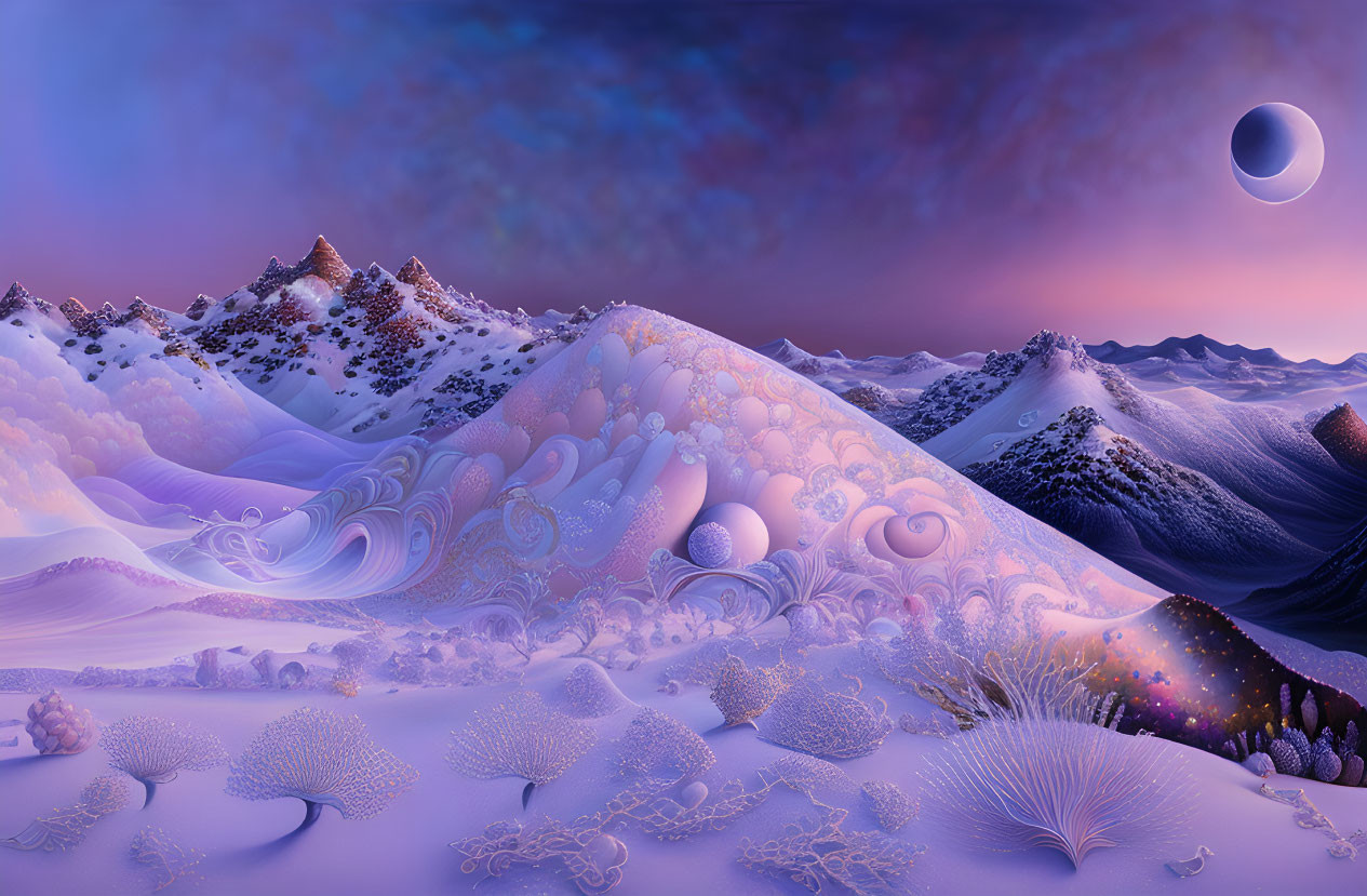 Surreal landscape: rolling purple hills, stylized trees, starry sky