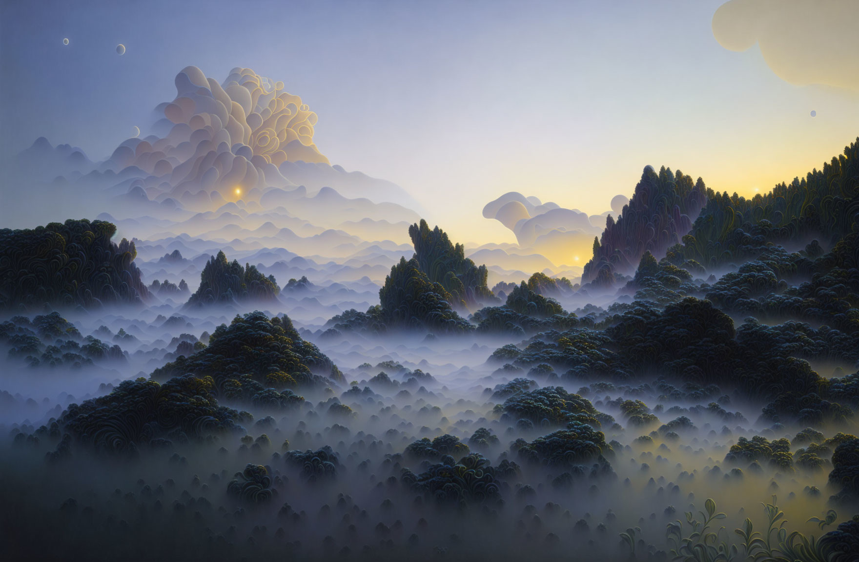 Serene sunrise landscape with mist, dense forests, vibrant sky, and celestial bodies