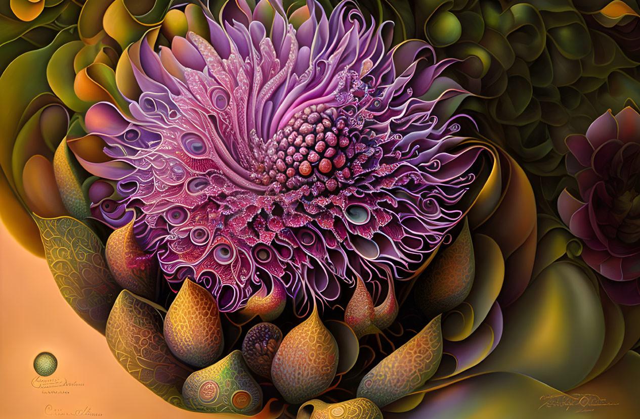 Detailed Digital Artwork of Vibrant Flower and Fantastical Garden Scene