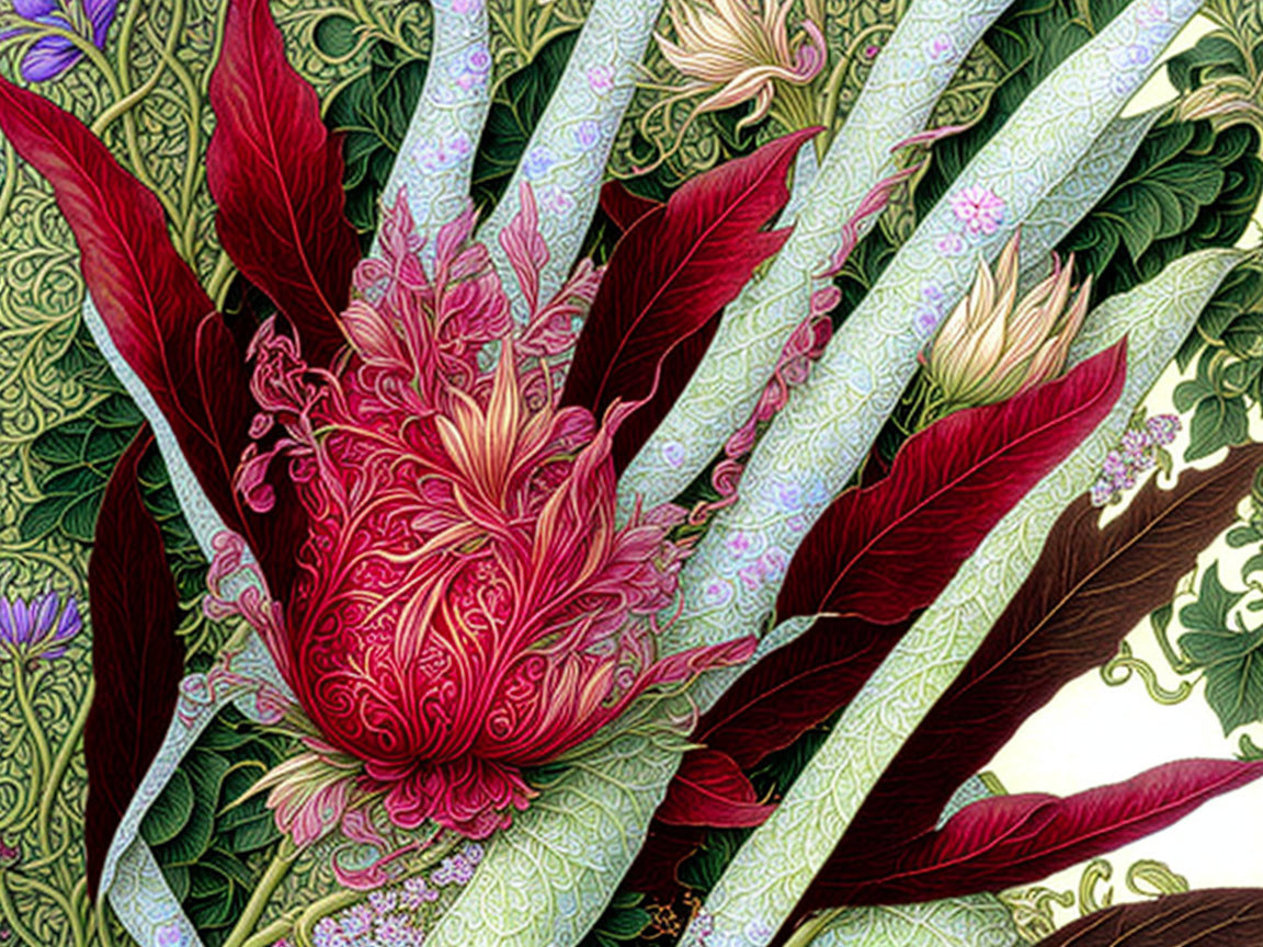 Detailed Illustration of Vibrant Red and Pink Flower with Ornate Green Leaves