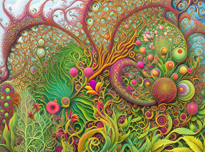 Colorful Psychedelic Flora and Fauna Patterns in Abstract Illustration