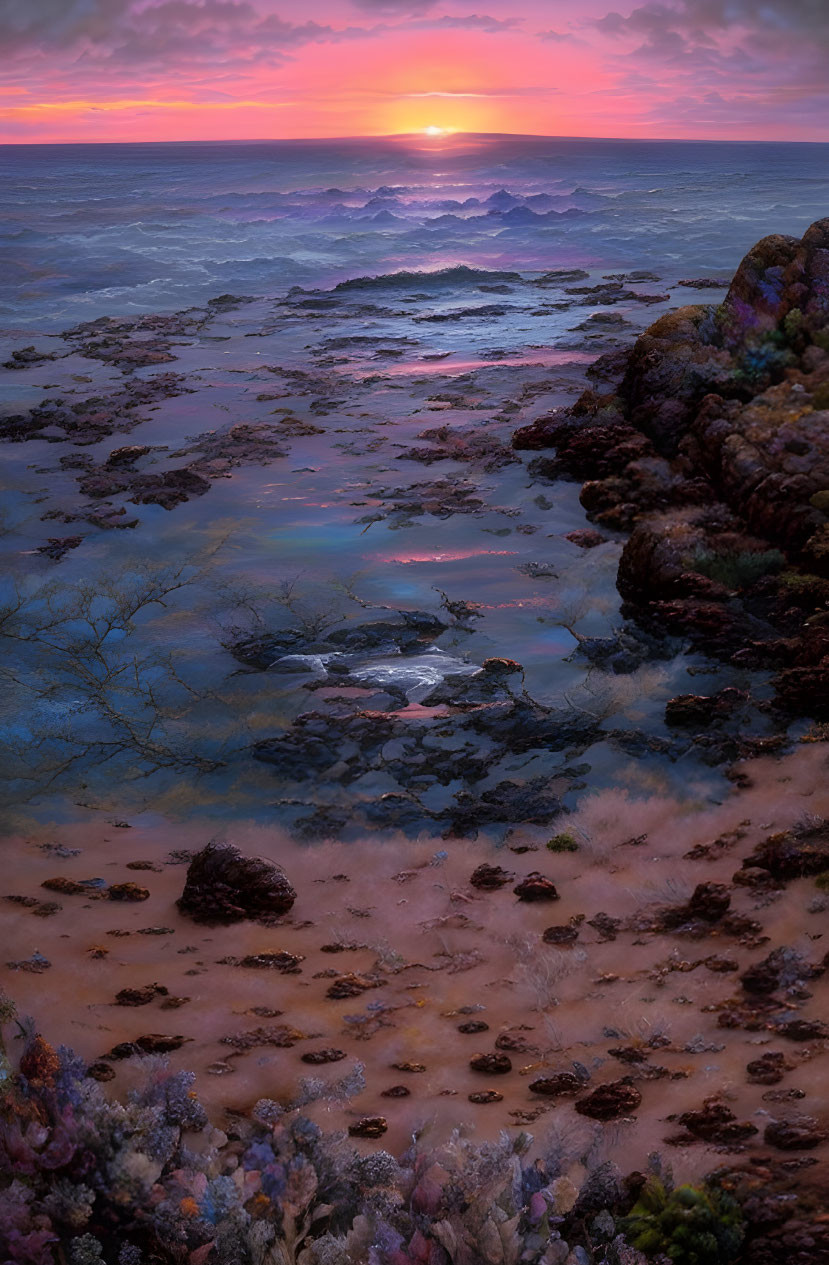 Colorful sunset over rocky shoreline with reflections in tide pools under purple sky