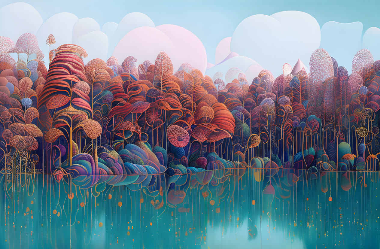 Colorful forest scene with mirrored water and pastel sky