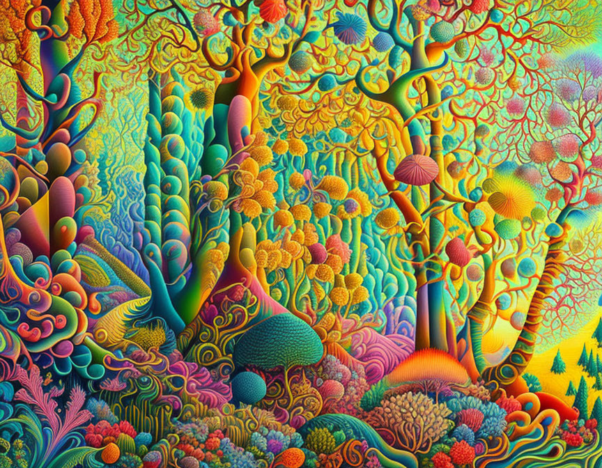 Colorful Psychedelic Forest Landscape with Tree and Coral Elements