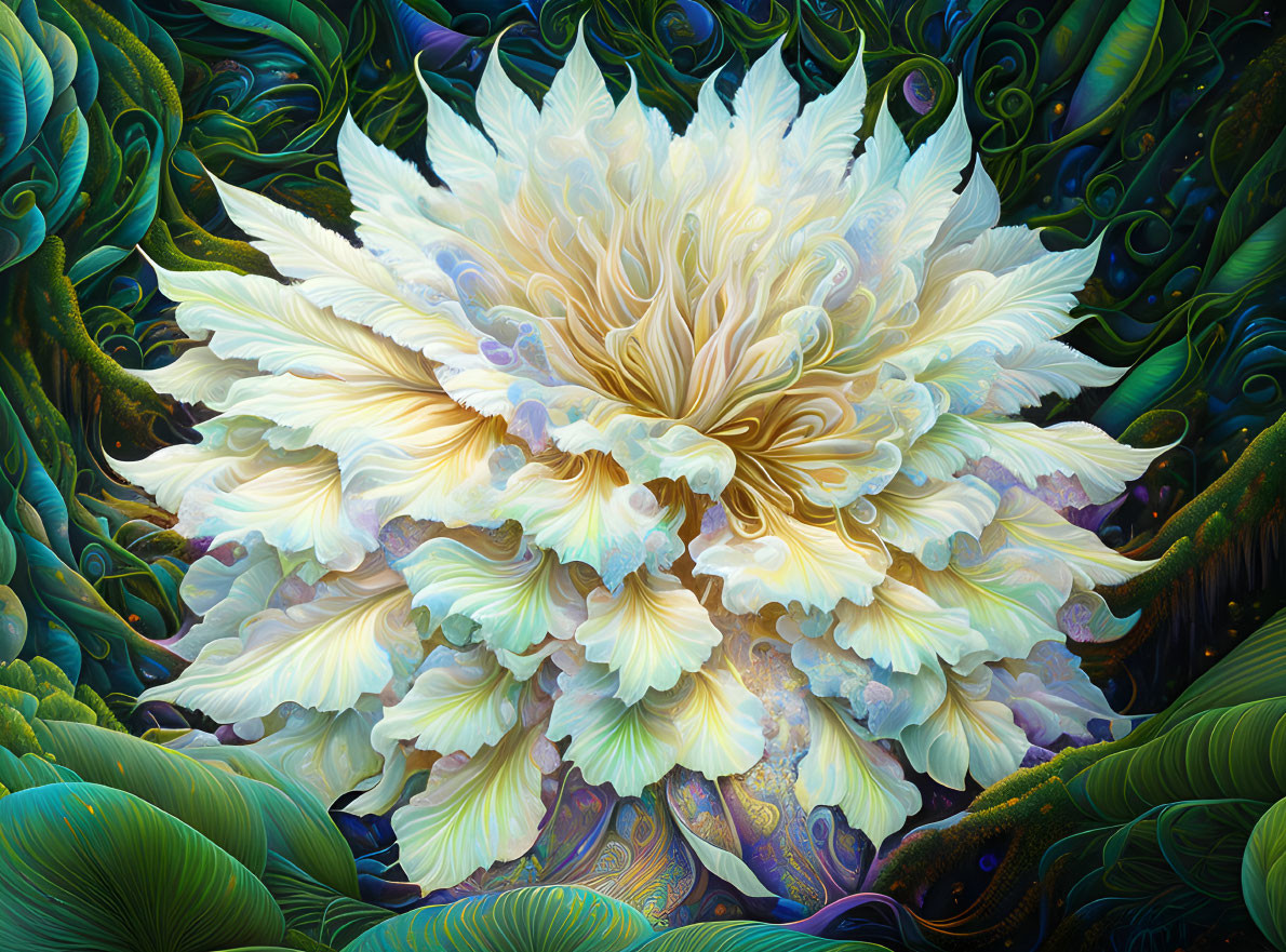 Colorful digital artwork: white flower with gold accents on swirling green and blue background