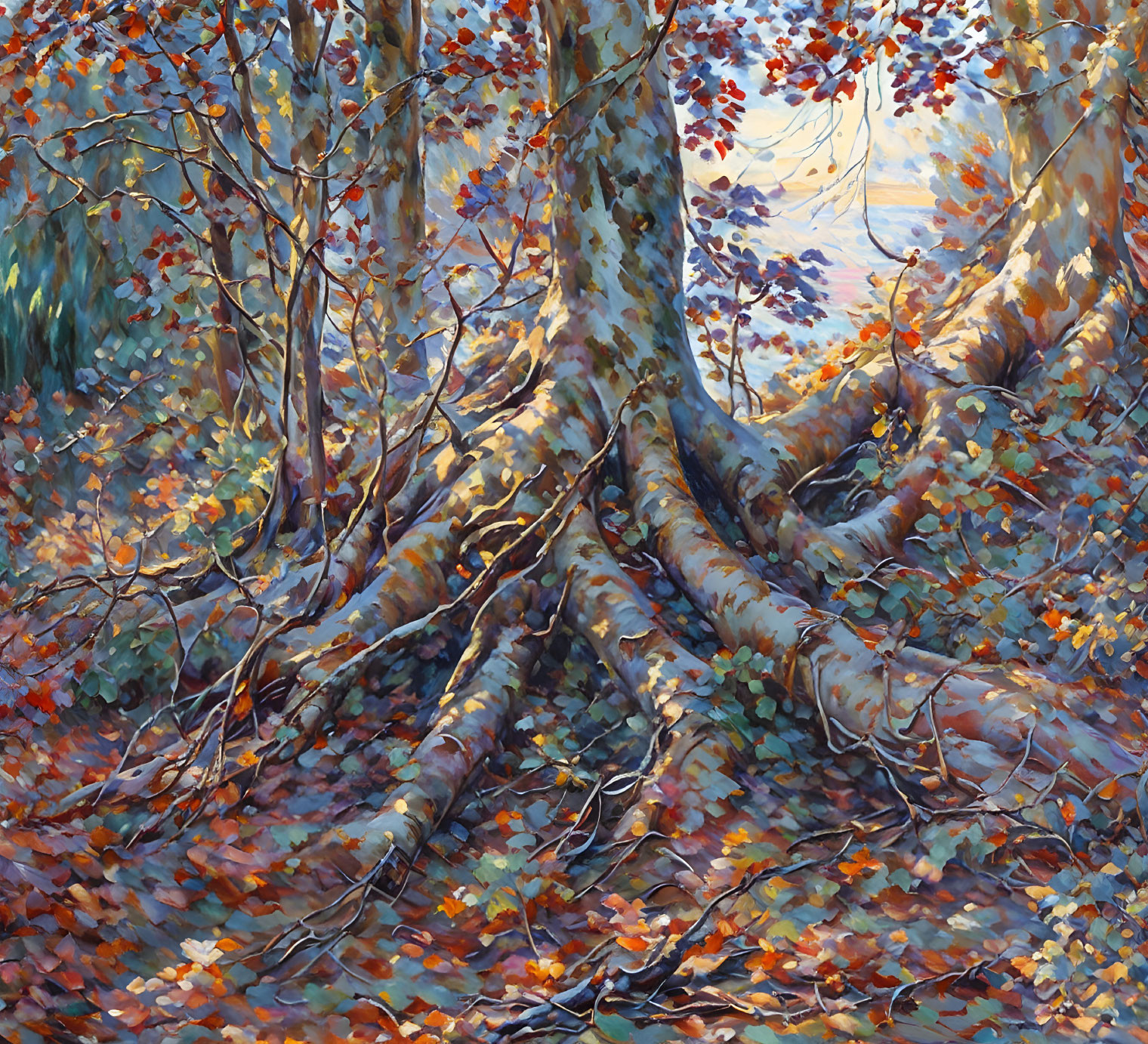 Autumn forest oil painting with intricate tree roots