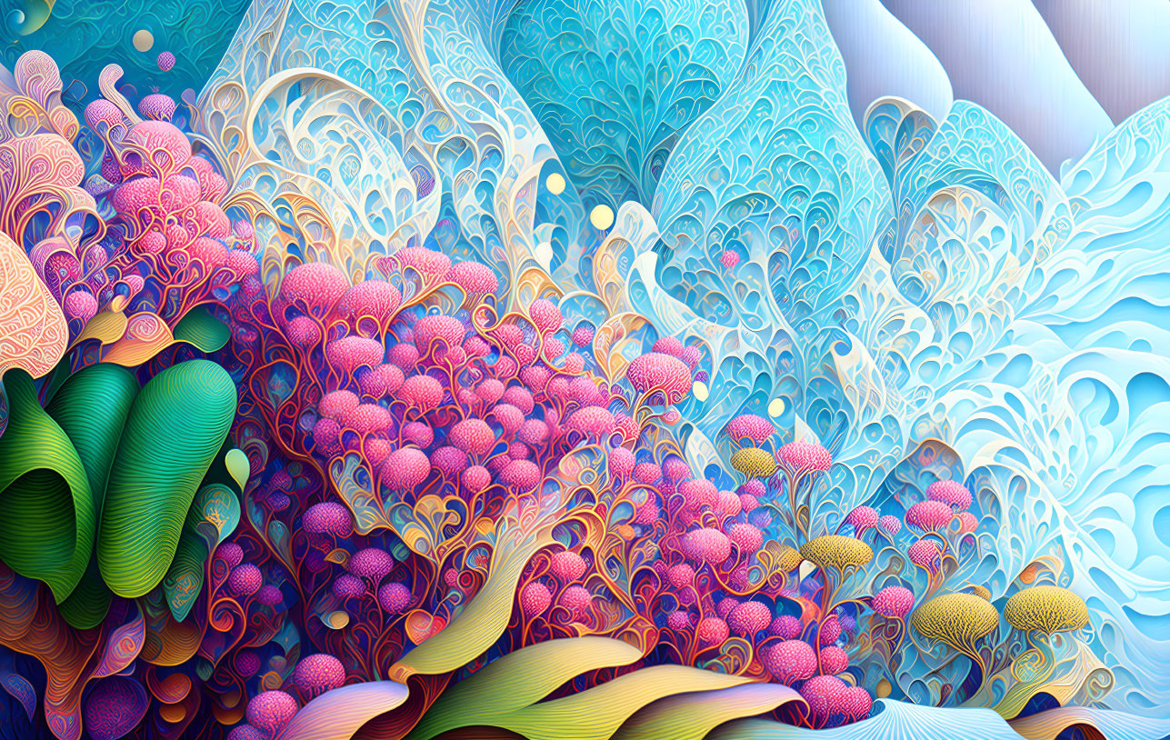 Colorful digital artwork with intricate floral and coral-like patterns.