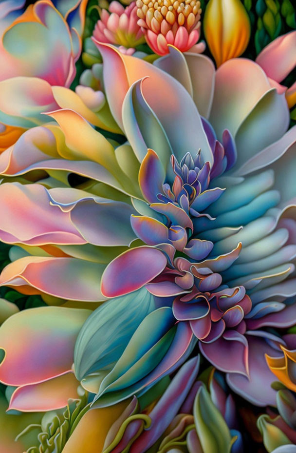 Colorful digital artwork: Stylized, multicolored flowers with glowing, iridescent texture