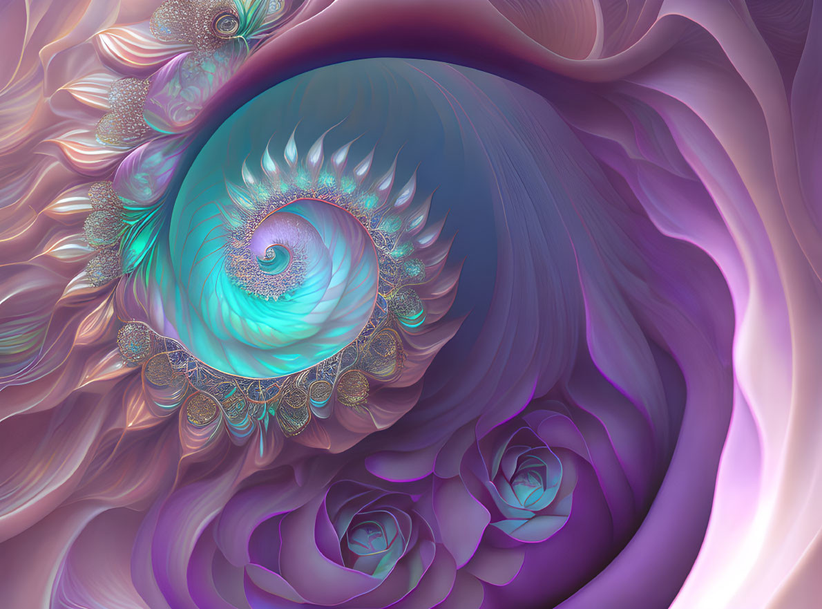 Fractal spiral digital art in blue and purple with intricate floral patterns