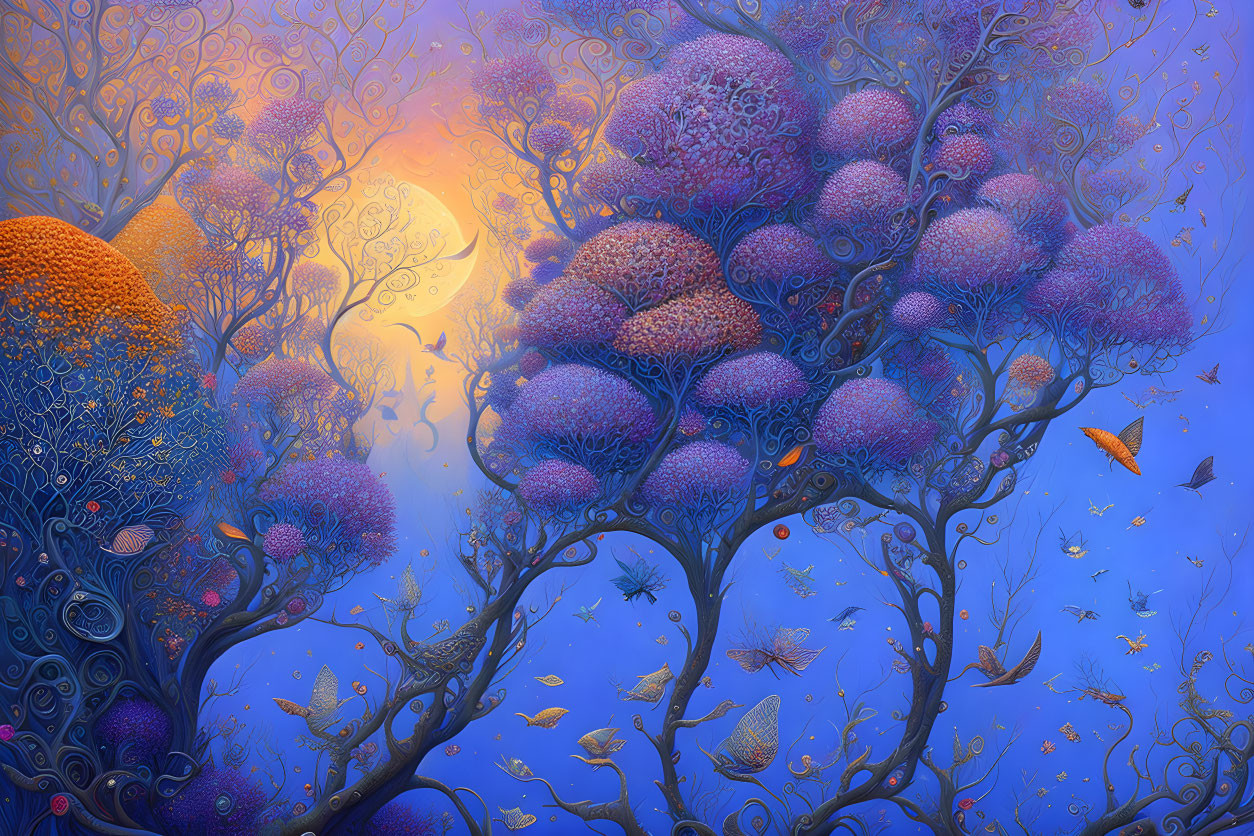 Colorful whimsical landscape with spherical purple and orange trees and butterfly-like creatures in a misty blue