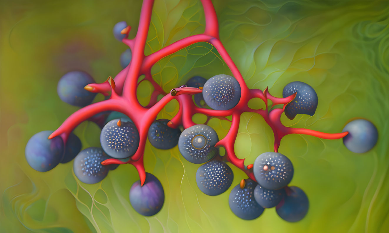 Stylized red branches with blue fruits on green background