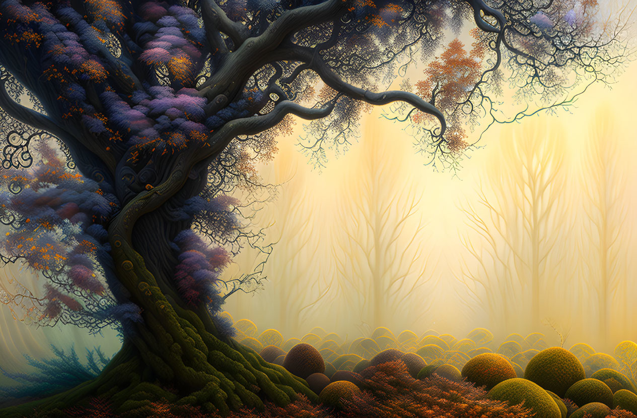 Detailed Forest Scene with Vibrant Tree and Misty Background