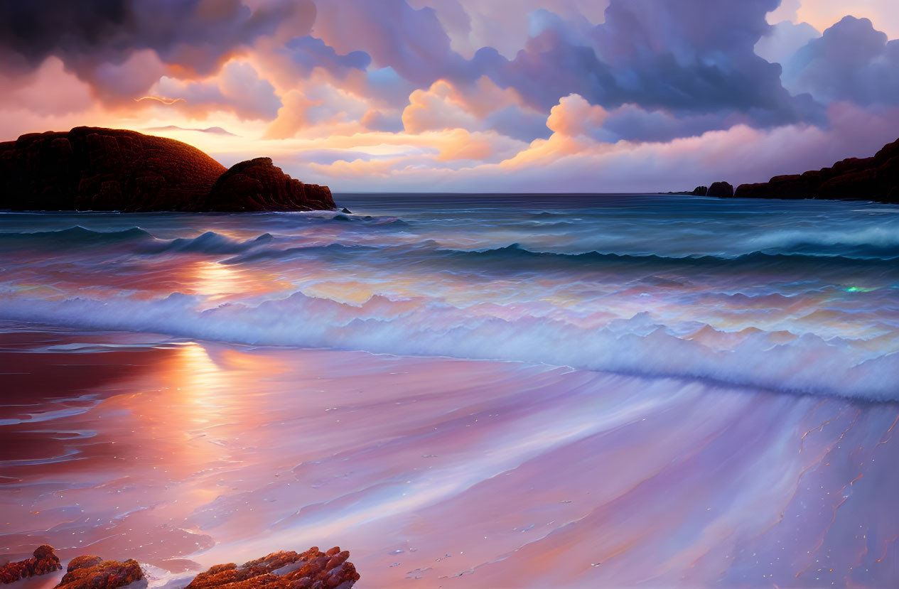 Colorful Sunset Beach Scene with Rolling Waves and Rocky Outcrops