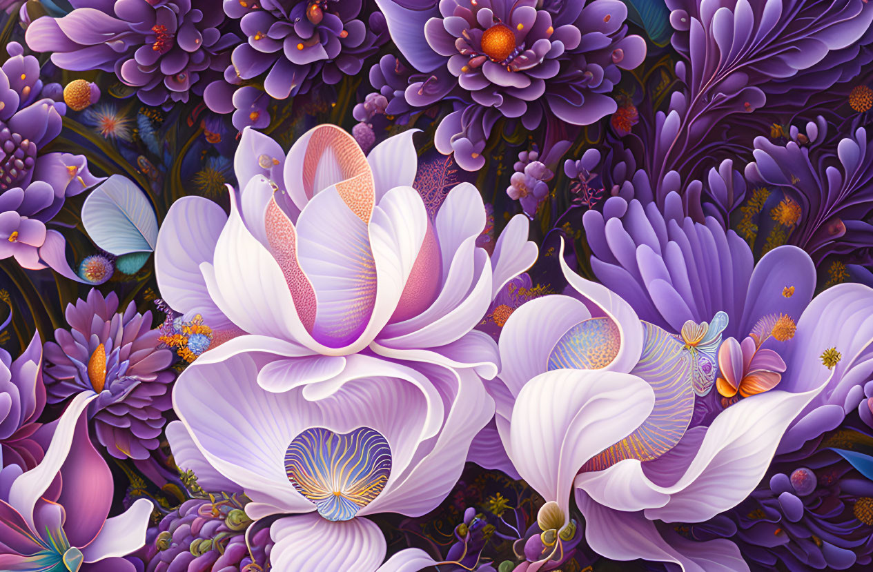 Colorful digital artwork: Stylized purple, lavender, and pink flowers