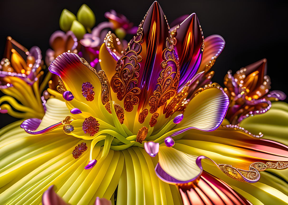 Colorful Digital Flower with Metallic Sheen on Dark Background