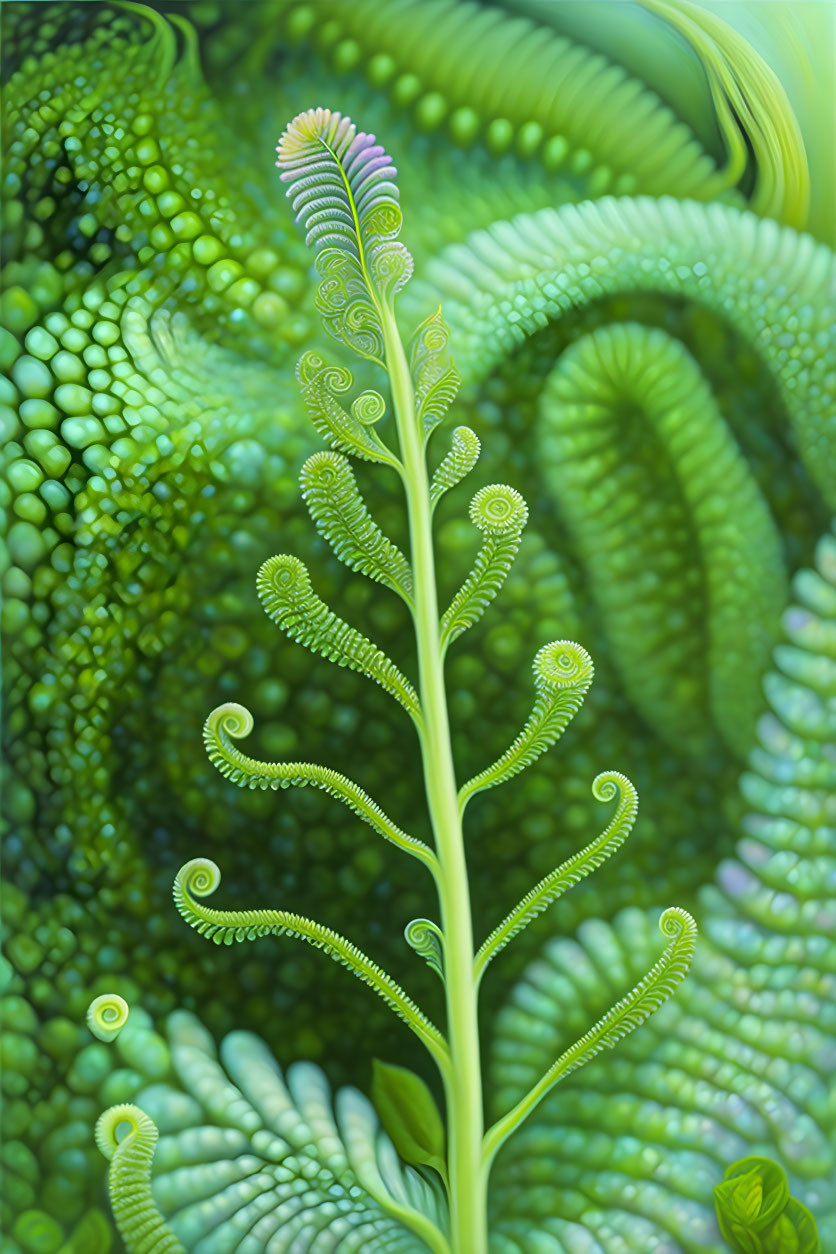 Colorful digital artwork: Green fractal plant with spiraled tips on intricate circular background