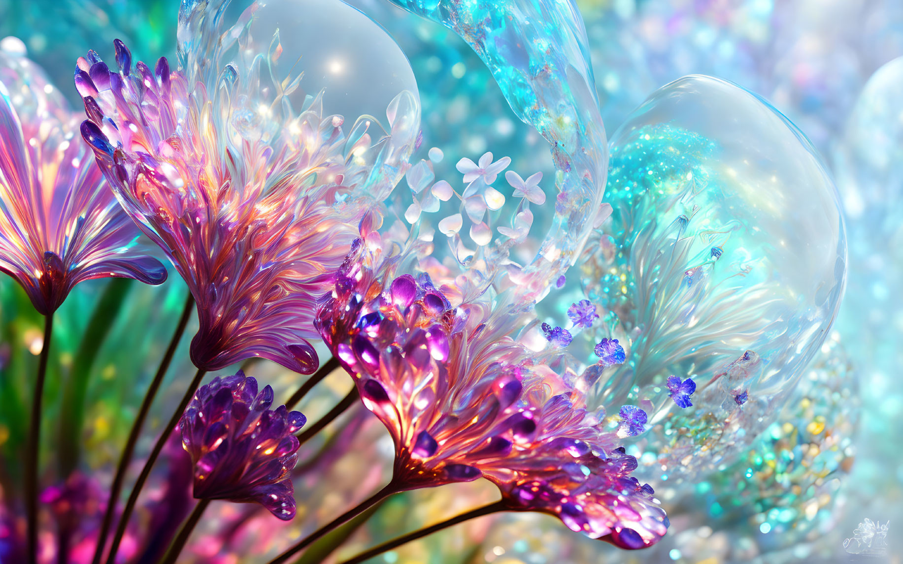 Colorful Flowers and Shimmering Bubbles on Blue Background