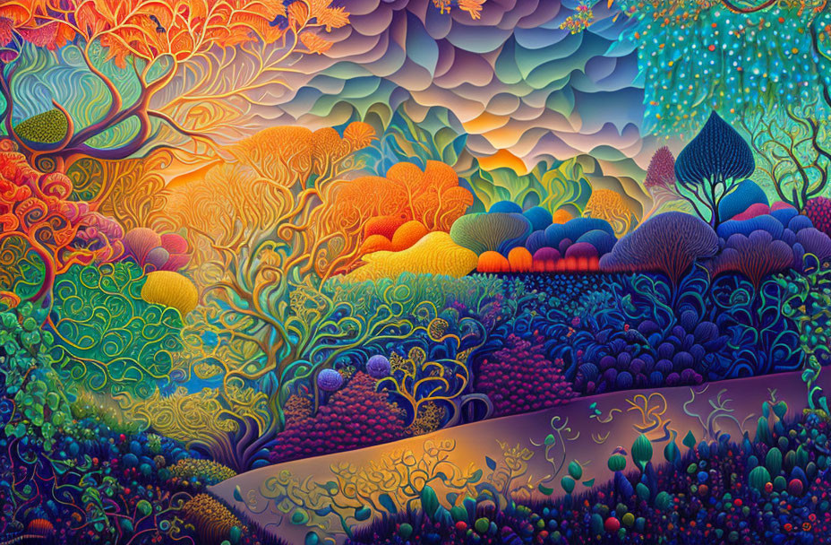 Colorful Psychedelic Landscape with Vibrant Flora and Cloud-Filled Sky