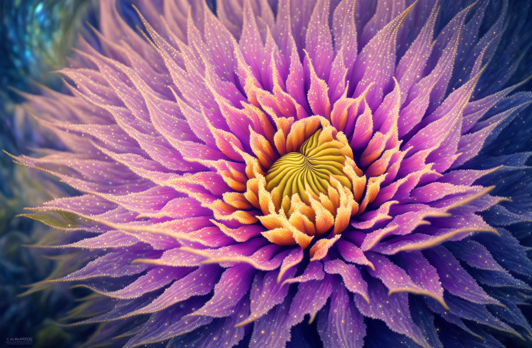 Detailed Purple and Orange Flower with Dew-Covered Petals