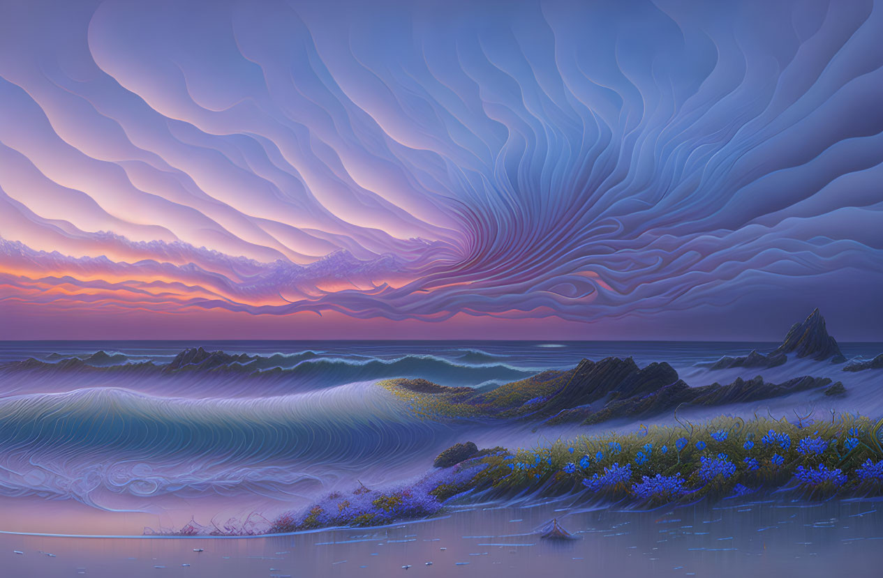 Surreal sunset landscape with undulating waves and stylized clouds