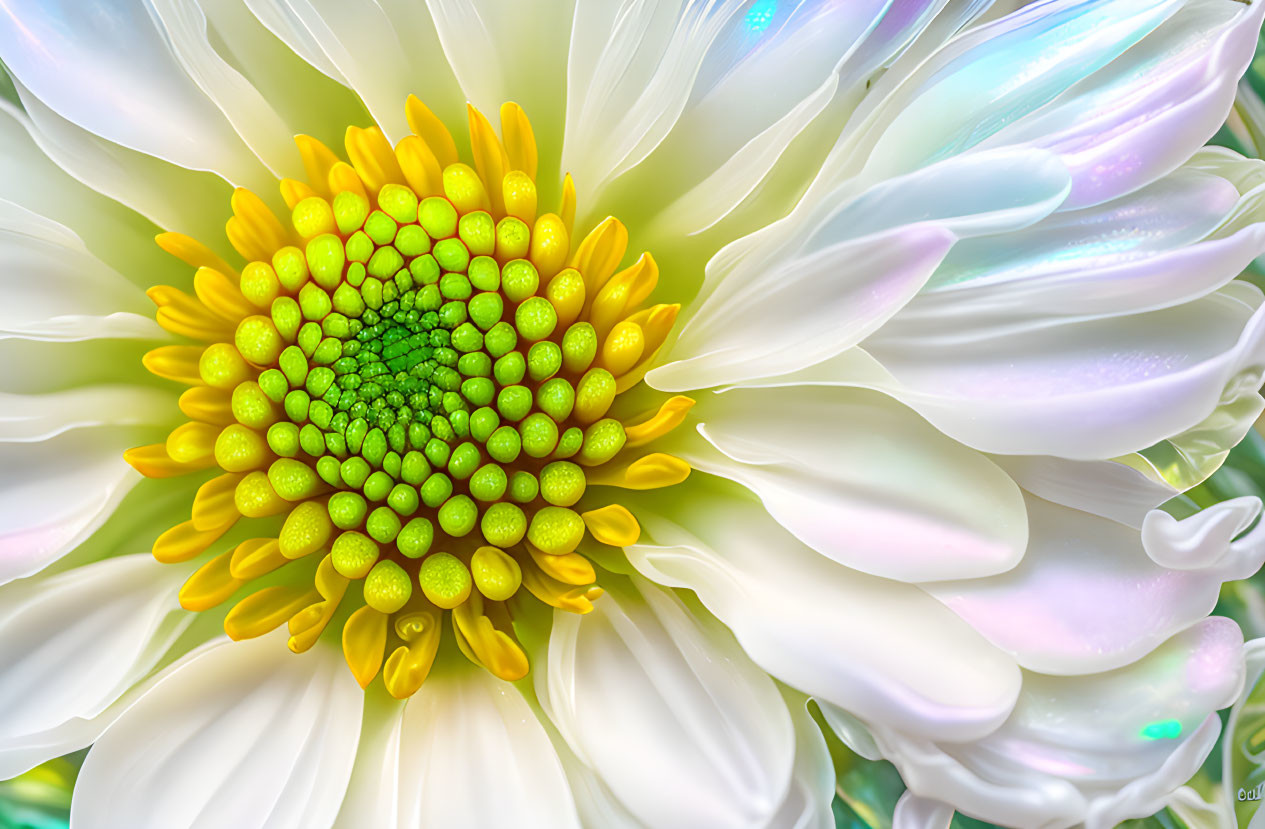 Detailed Close-Up of Vibrant Daisy with White Petals and Greenish-Yellow Center