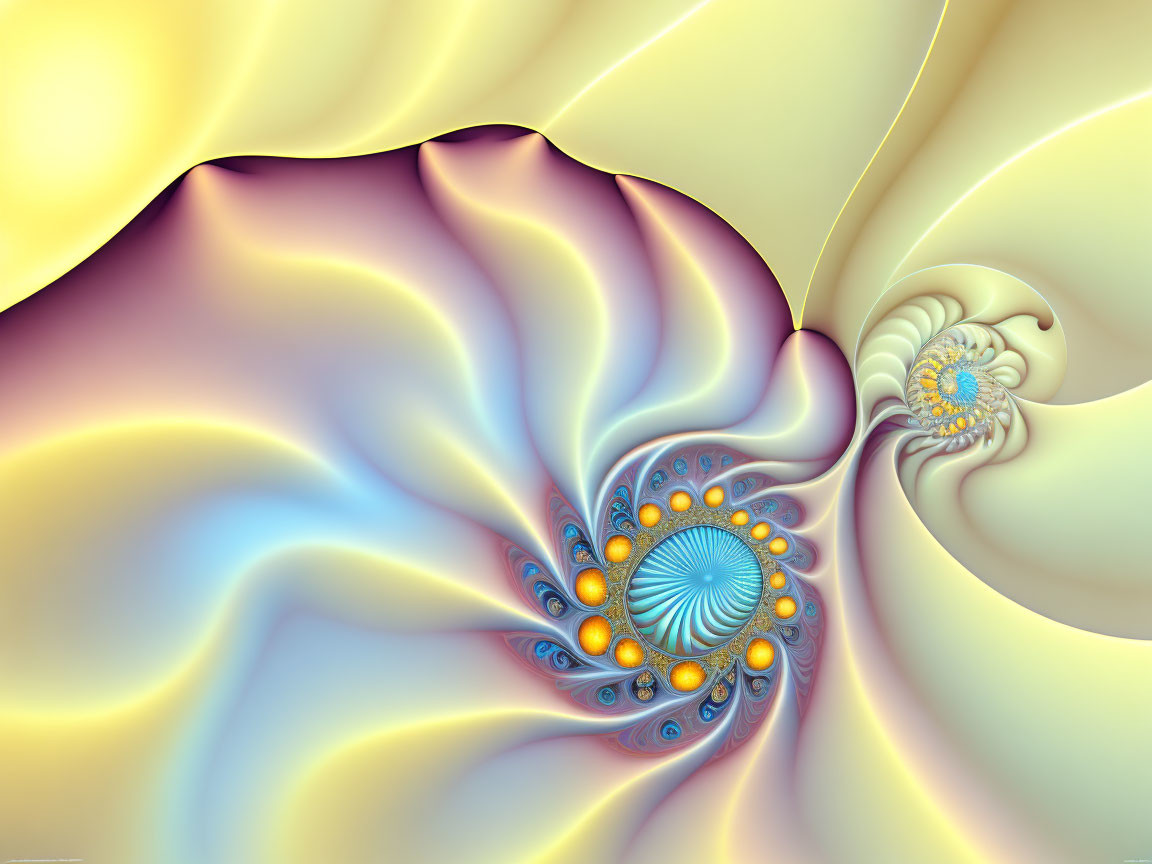 Fractal art piece with smooth yellow and blue lines and spiral patterns